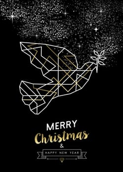 Merry Christmas Happy New Year peace dove in outline art deco geometry style, fancy gold and white design. Ideal for xmas greeting card, holiday poster or web. EPS10 vector.