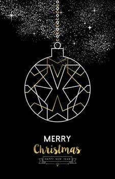 Merry Christmas Happy New Year elegant outline geometry style art deco bauble ball ornament in gold and white. Ideal for holiday greeting card, xmas poster or web. EPS10 vector.