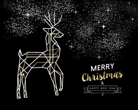 Merry Christmas Happy New Year gold and white deer in outline art deco style. Ideal for holiday greeting card, xmas poster or web. EPS10 vector.   .