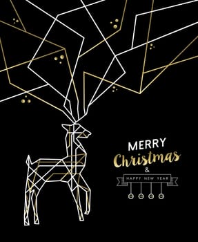 Merry Christmas Happy New Year gold and white deer outline art deco style antlers. Ideal for holiday greeting card, xmas poster or web. EPS10 vector.