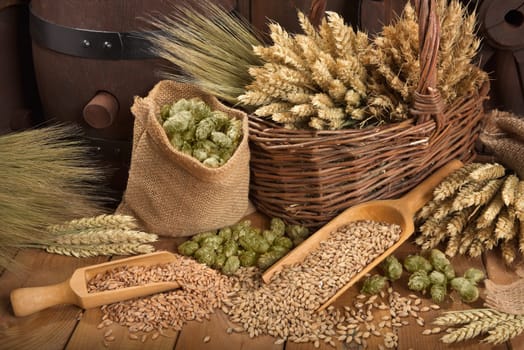 Two beer barrels with wheat,barley,hops and malt