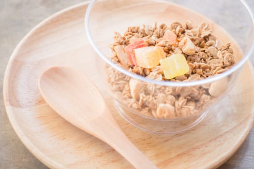 Homemade granola breakfast with dried fruit, stock photo