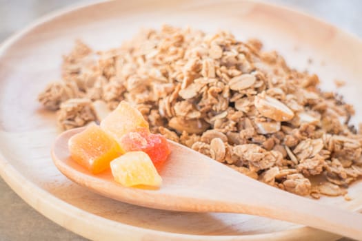Homemade granola breakfast with dried fruit, stock photo