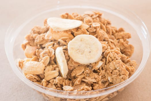 Homemade granola breakfast with dried fruit, stock photo