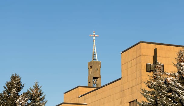 Church in Umeå, Sweden with a clear blue sky.