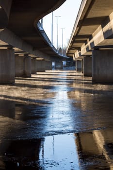 Mist on Icy River under Bridge in Umea, Sweden