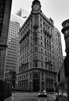 Lower Manhattan, Financial District. Old and new buildings are crowded together competing for space
