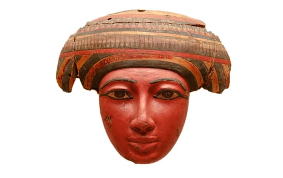 Wooden polychromed Egyptian mask of Coffin, isolated over white background