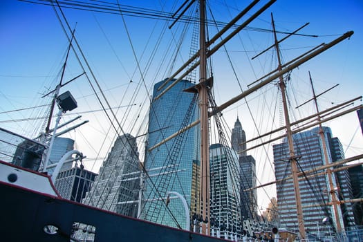 Old ships at tower Manhattan in South Street Seaport
