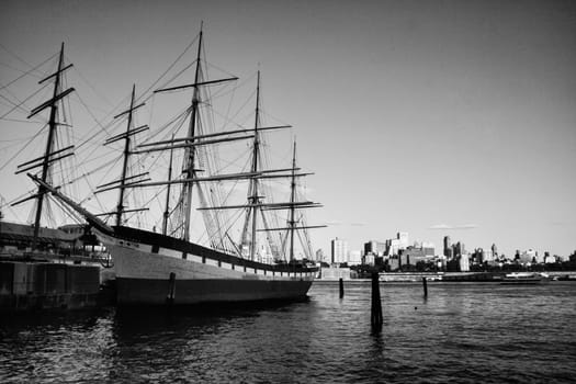 One of the last iron sailing ships to be built, the Wavertree is docked at the South Street Seaport museum on the East River, New York City.