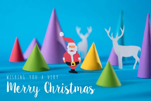 Merry Christmas handmade paper cut santa and deer with colorful 3d cone pine tree shapes.Illustration background ideal for xmas greeting card, poster or campaign.