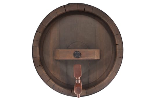 Old oak barrel insulated with tap made of wood On White