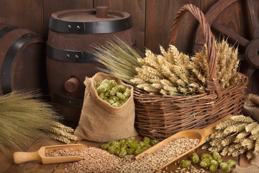 Two beer barrels with wheat,barley,hops and malt