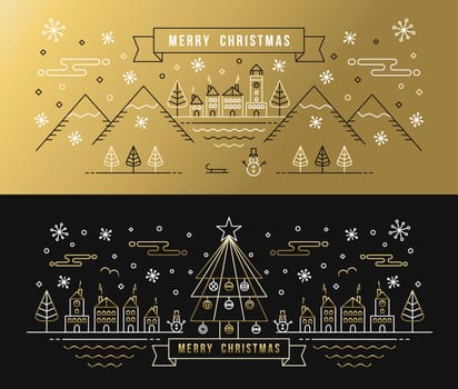 Merry christmas greeting card set in gold black outline style with city and winter holiday elements. EPS10 vector.