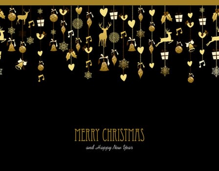 Merry Christmas Happy New Year holiday decoration in gold color with deer, holly, bird, snow and gift elements. Ideal for Xmas greeting card, event invitation or poster. EPS10 vector.