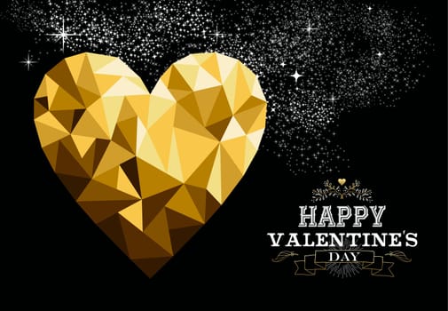 Happy valentines day love greeting card with heart shape design in gold low poly style and label decoration. EPS10 vector.