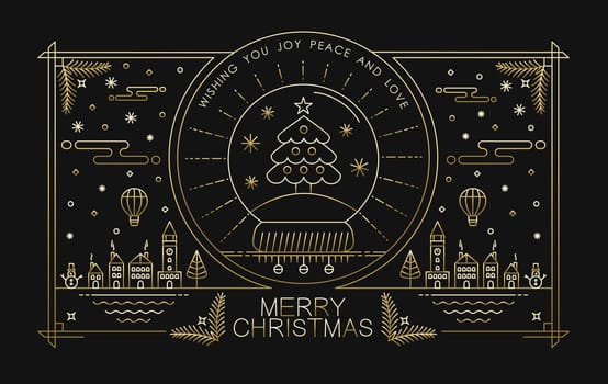 Merry christmas greeting card design in gold outline style with city holiday elements and text. Ideal for xmas poster, campaign or web. EPS10 vector.