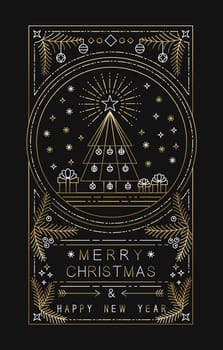 Merry Christmas Happy New Year design with xmas tree, gifts and decoration in simple gold outline style. Ideal for holiday greeting card, poster or web. EPS10 vector.   .