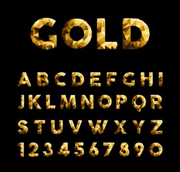 Gold elegant low poly luxury alphabet font typeface with numbers isolated on black background. EPS10 vector.