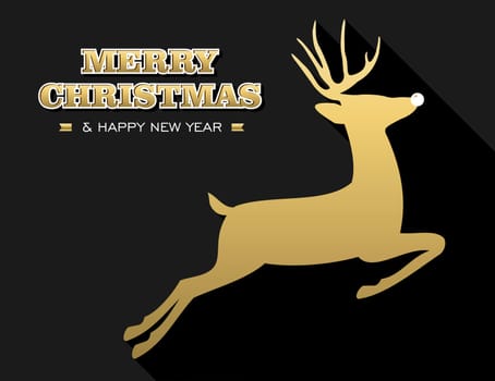Merry Christmas Happy New Year design in gold and black with reindeer silhouette. Ideal for holiday greeting card, poster or web. EPS10 vector.