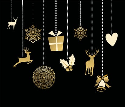 Holiday hanging decoration in gold color with cute reindeer, snow, heart and holly elements. ideal for Christmas greeting card, Xmas poster or web. EPS10 vector.