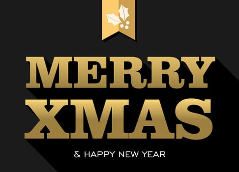 Merry Christmas Happy New Year gold text with holly label decoration. Ideal for Xmas greeting card, holiday poster or web. EPS10 vector.