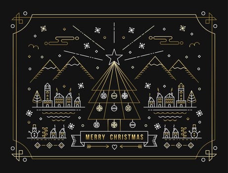 Merry Christmas winter city with decoration, xmas tree and holiday elements in gold outline style. Ideal for greeting card, poster or web. EPS10 vector.   .