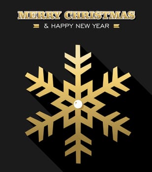 Merry Christmas Happy New Year gold snowflake design on black background. Ideal for xmas greeting card, holiday poster or web. EPS10 vector.