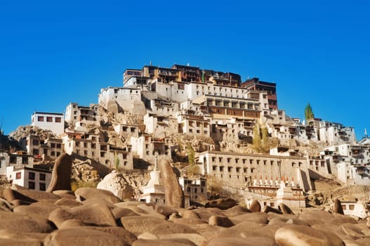 Buddhist heritage, Thiksey monastery or Gompa temple under blue sky. Leh, Ladakh, India.