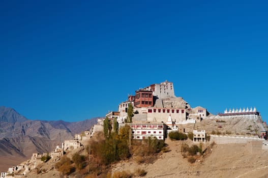 Thiksey Monastery in deep blue sky, Leh, Ladakh, Northern India.