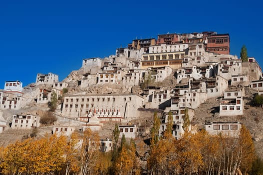Thiksey Monastery in deep blue sky, Leh, Ladakh, India.