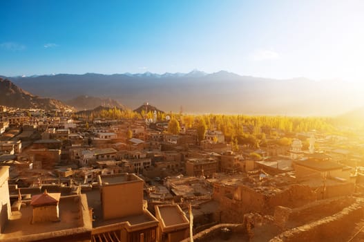 Sunrise view of Leh city, the town is located in the Indian Himalayas at an altitude of 3500 meters, North India