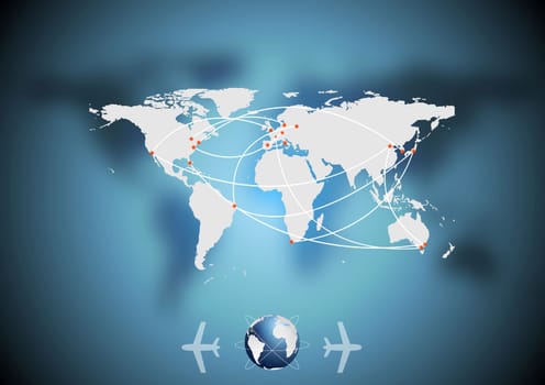 Air traffic blue background with world map