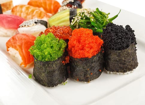Sushi rolls with red salmon,shrimp and  roe