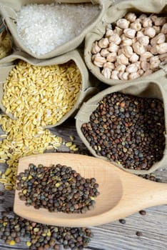 assortment of dried vegetables, lentils, chickpeas, wheat and rice