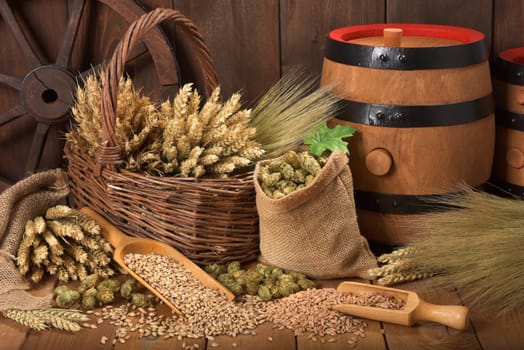 Two beer barrels with wheat,barley,hops and malt