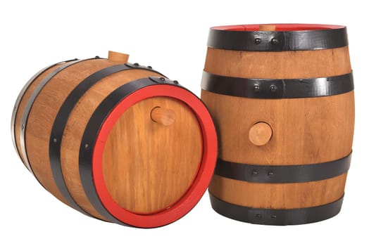 two old beer barrels with red rings insulated on white