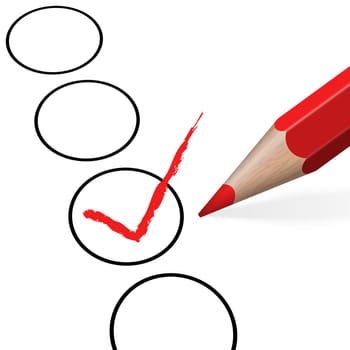 red pencil with red check mark isolated on white background symbolizing selection