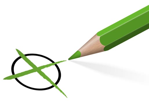 green pencil with green cross isolated on white background symbolizing selection