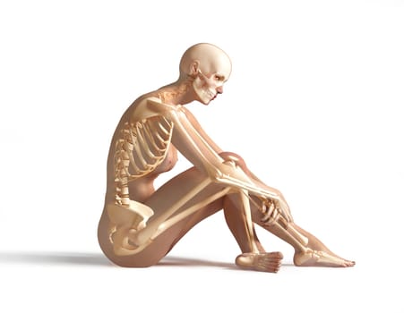 Naked woman sitting on floor, with bone skeleton superimposed. On neutral background, with clipping path included.