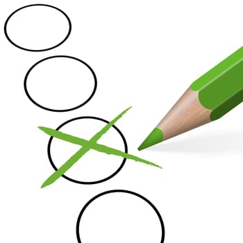 green pencil with green cross isolated on white background symbolizing selection