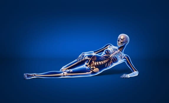 X ray looking, naked woman, laying down on floor, with bone skeleton superimposed, on neutral background, with clipping path.
