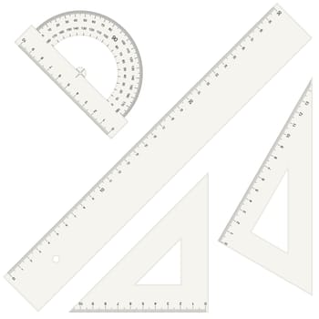 collection of four rulers and triangular colored transparent and isolated on white background
