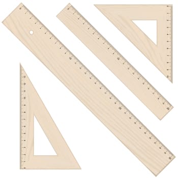 collection of four rulers and triangular in wooden look and isolated on white background