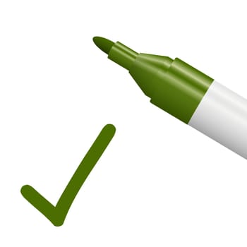 green pencil with green check mark isolated on white background symbolizing selection