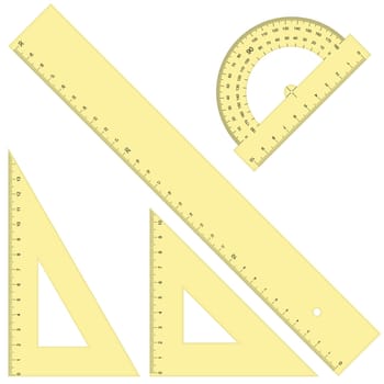 collection of four rulers and triangular colored yellow and isolated on white background