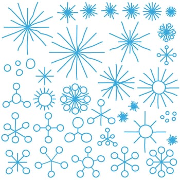 collection of very abstract blue snow flakes isolated on white background