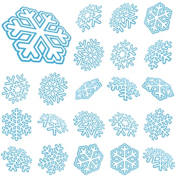 collection of abstract three dimensional blue snow flakes