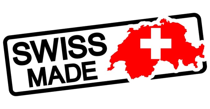 stamp with frame colored black and text Swiss made