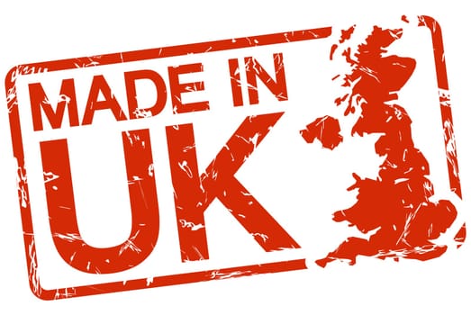 grunge stamp with frame colored red and text Made in UK